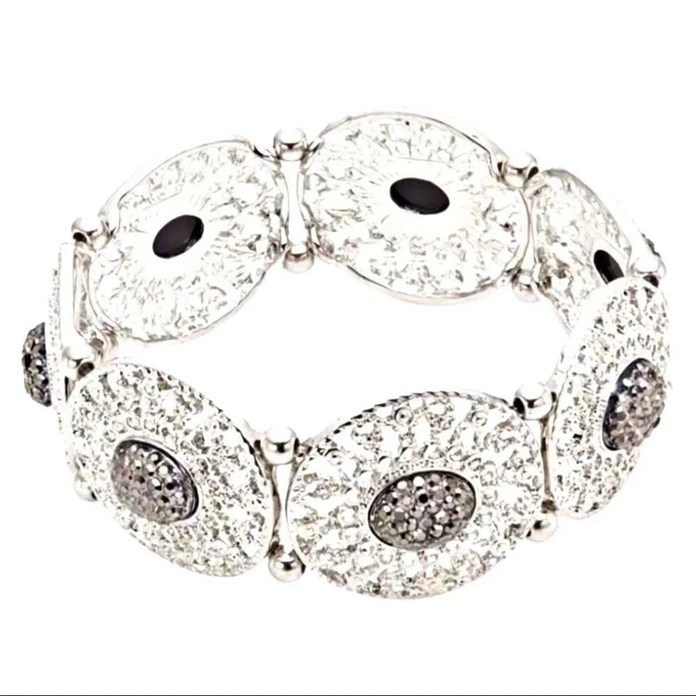 Silver Filigree Discs Natural Rhodium Stone Bangle Bracelet NEW